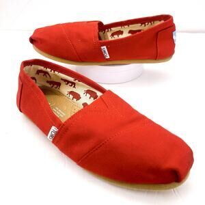 Toms Red Classic Canvas Shoes Womens Size 7.5 Slide On Flat Slippers Casual Wear